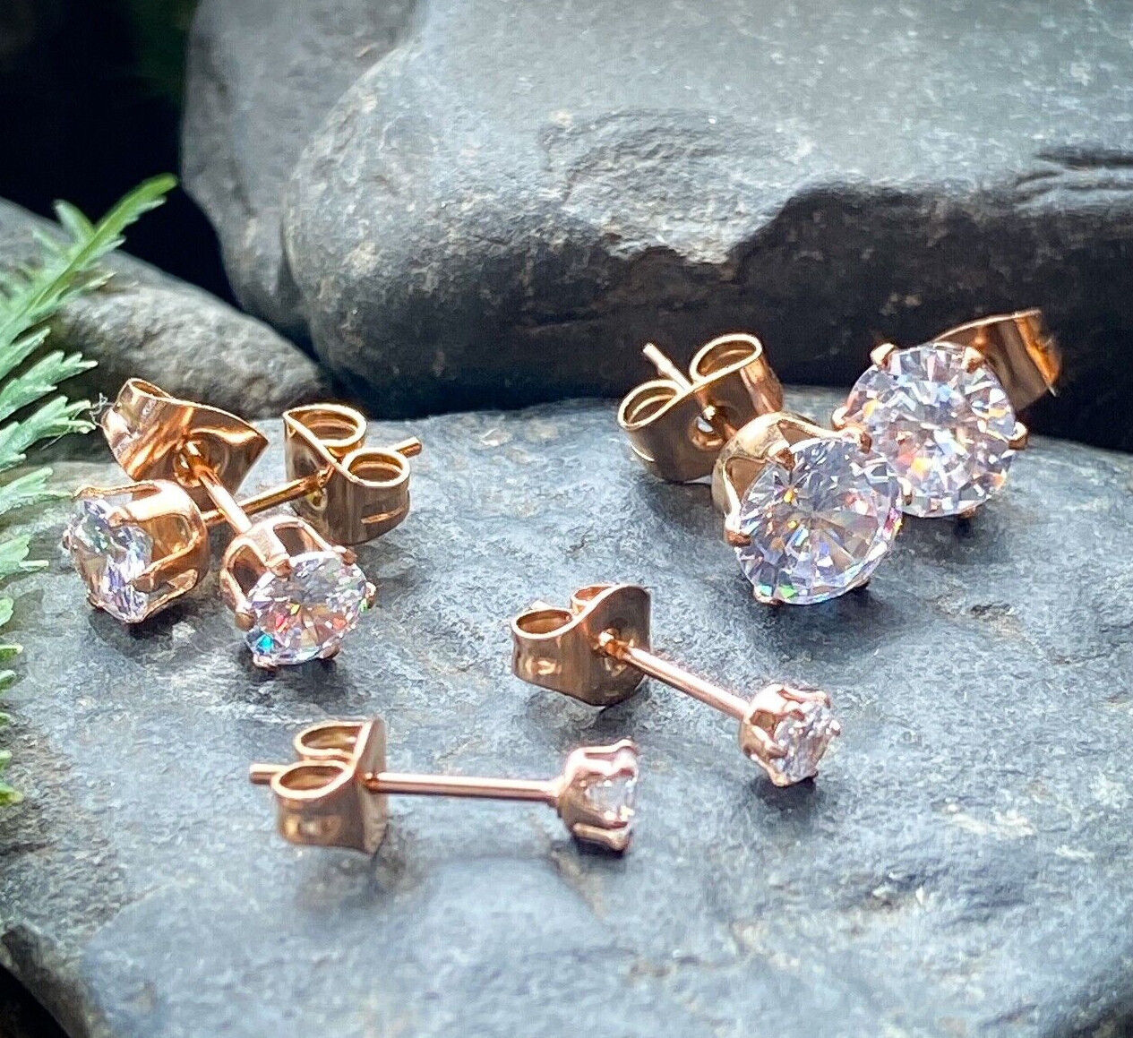 PAIR Rose Gold Ion Plated Steel Aurora Borealis or Clear CZ Gem Stud Earrings (Color: Clear)