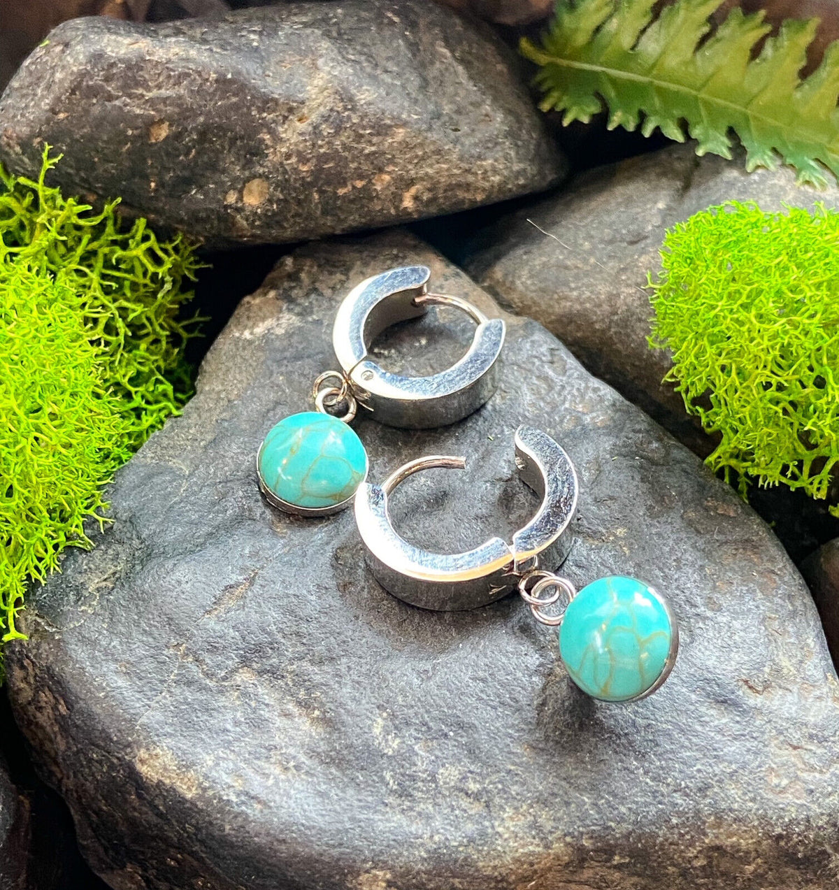 PAIR of Hinged Hoop Earrings Semi-Precious Stone Dangle 20g 316L Stainless Steel (Dangle Stone: Turquoise)