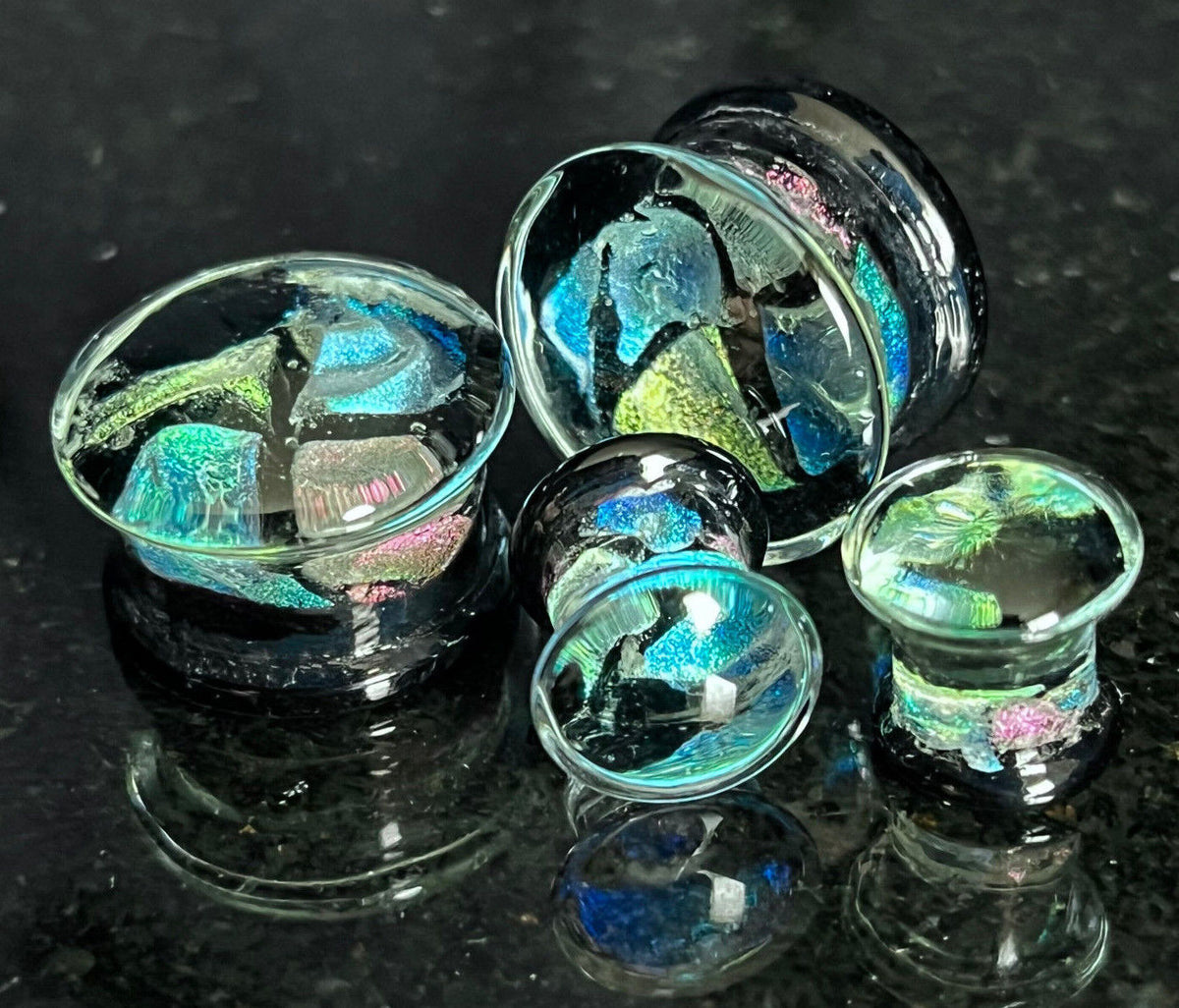 PAIR Patchwork Foil Quarters Glass Double Flare Plugs Tunnels Gauges