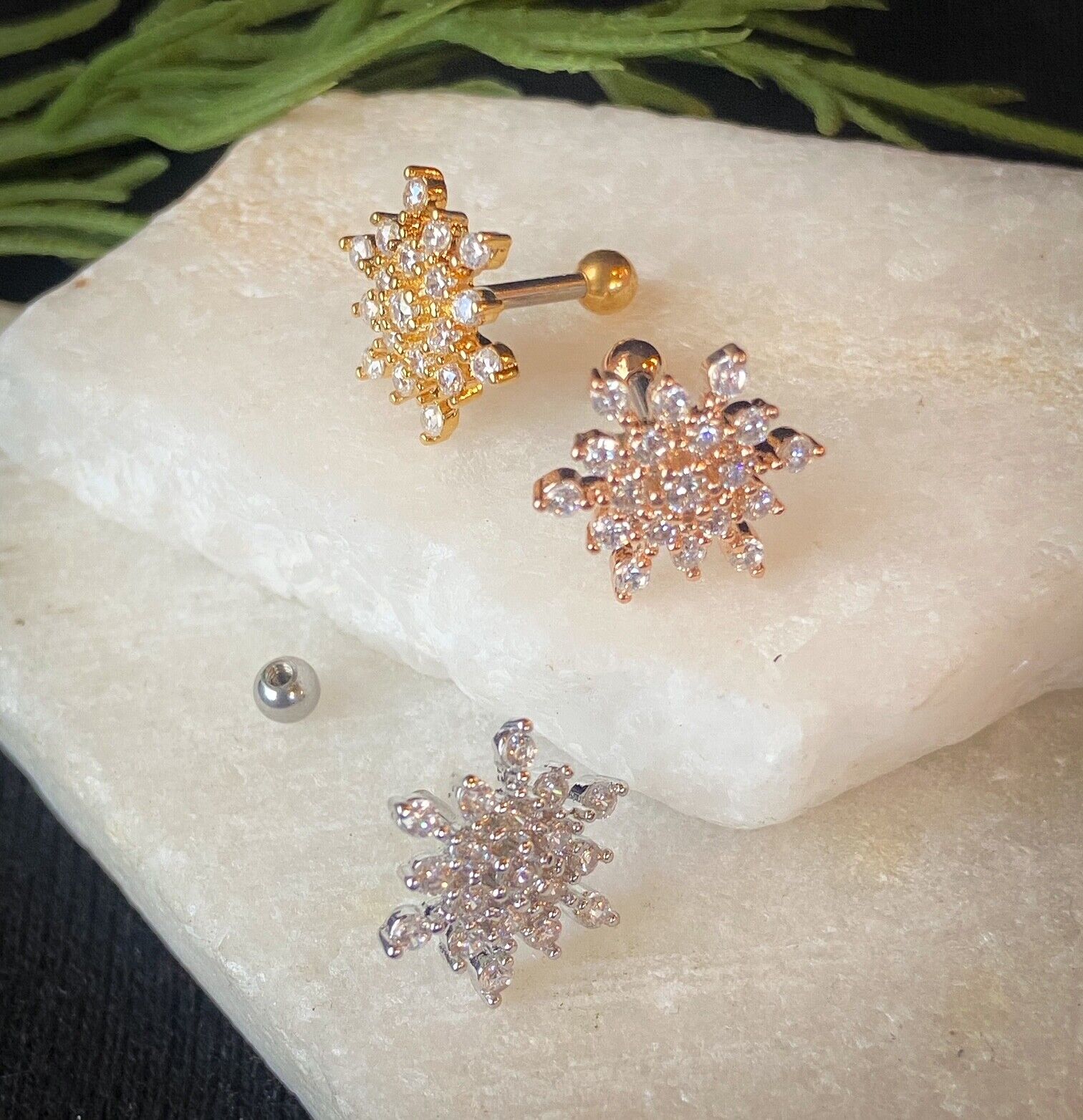 1pc CZ Gem Paved Snowflake Snow Flake Tragus Cartilage Barbell Ring 16g 1/4"