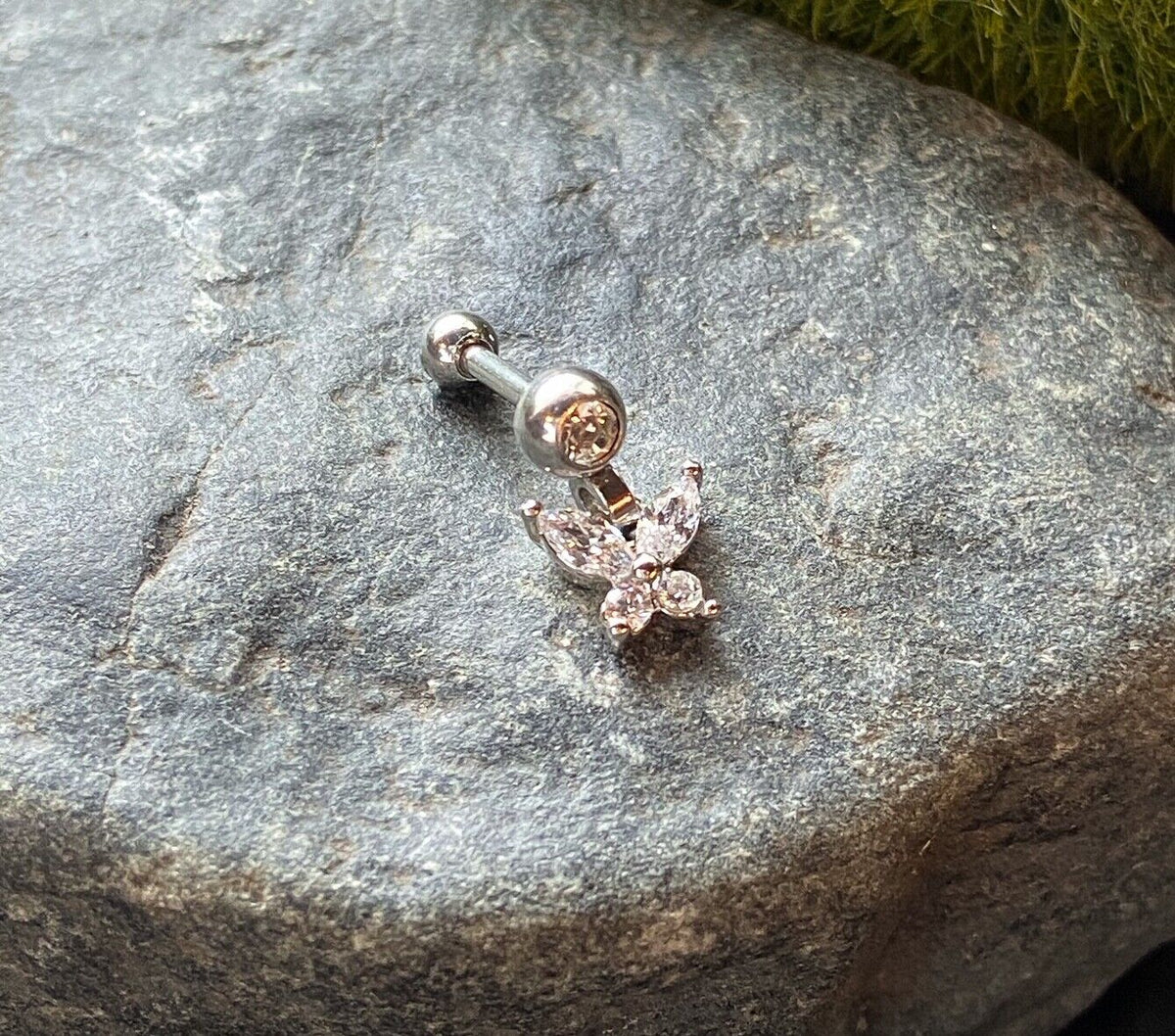 1pc CZ Gem Butterfly Dangle Surgical Steel Tragus Cartilage Barbell Ring 16g 1/4 (Color: Silver)
