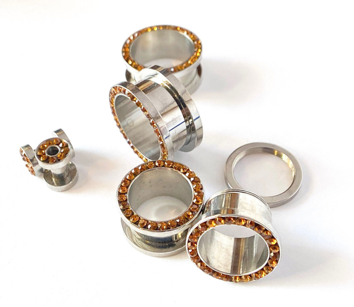 PAIR Topaz CZ Gem Rimmed 316L Surgical Steel Screw Fit Tunnels Plugs Gauges