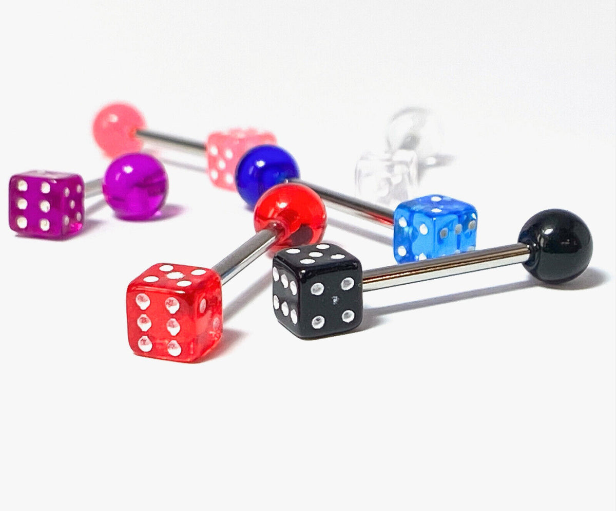 6pc Value Pack Acrylic Dice Steel Tongue Rings 14g Tounge Body Jewelry
