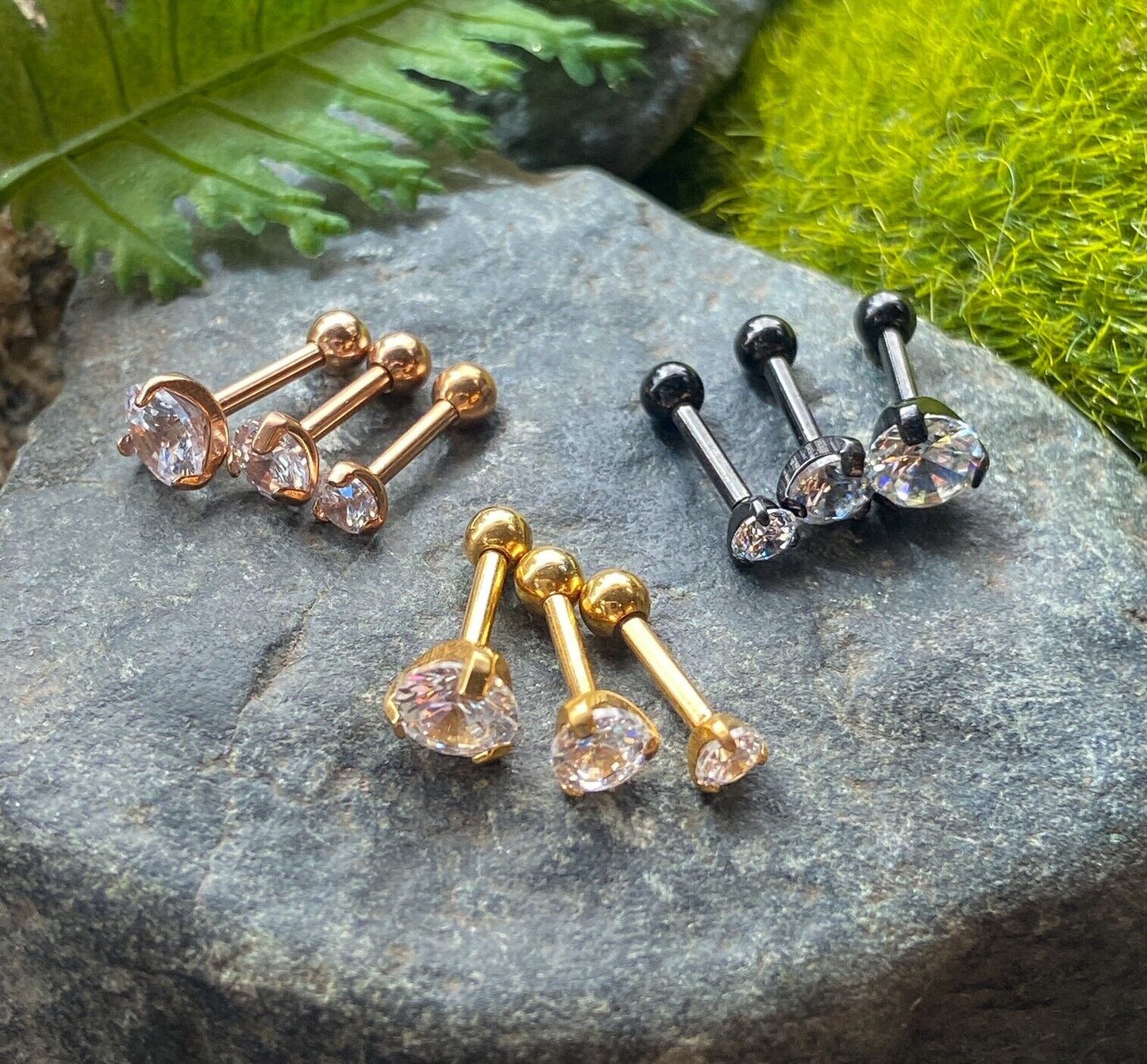 1pc Prong Set Gem Black, Yellow Gold or Rose Gold Tragus Cartilage Ring 16g 1/4"