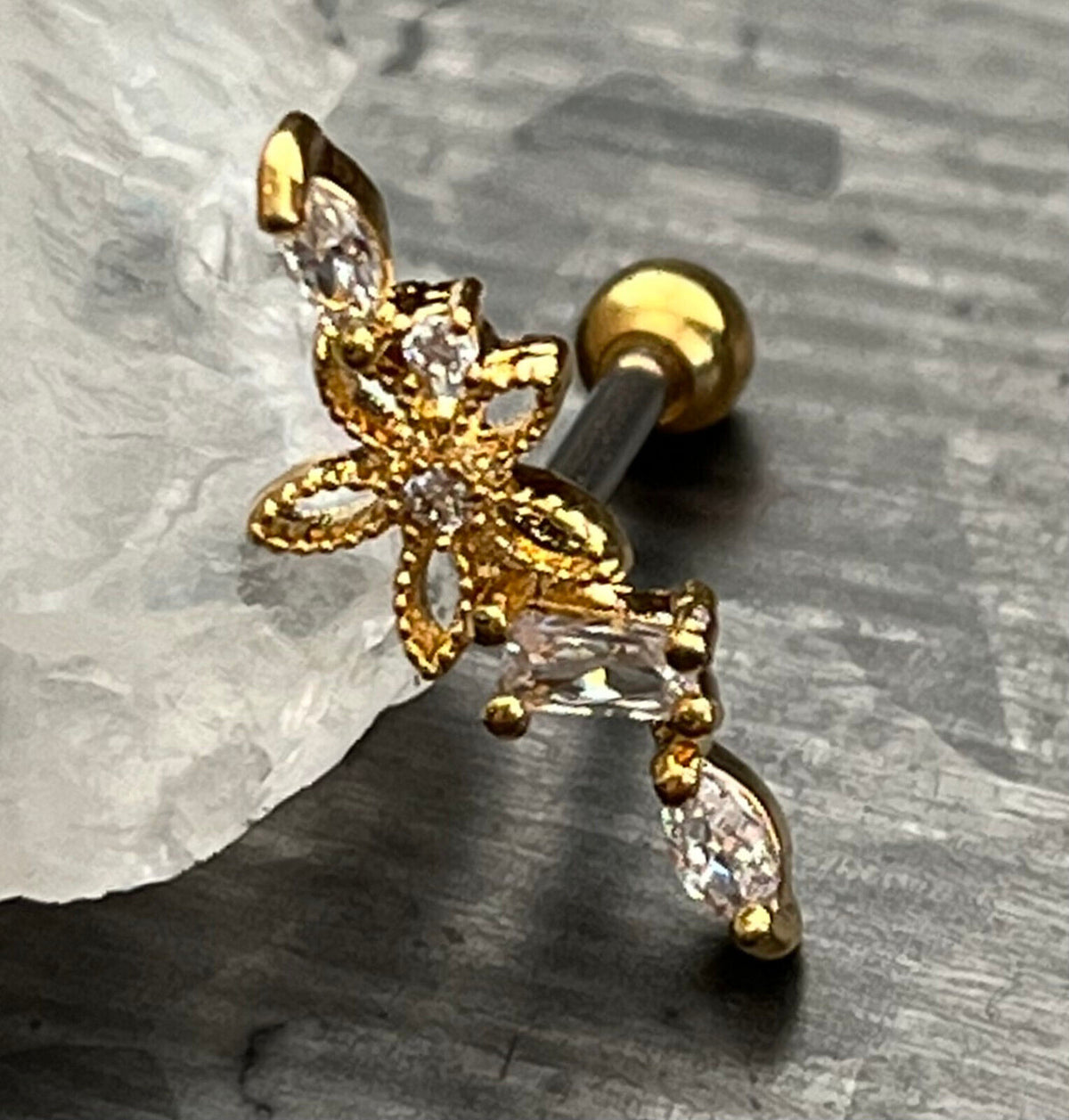 1pc CZ Gem Hollow Flower Tragus Helix Cartilage Barbell Ring 16g 1/4" (Color: Gold)