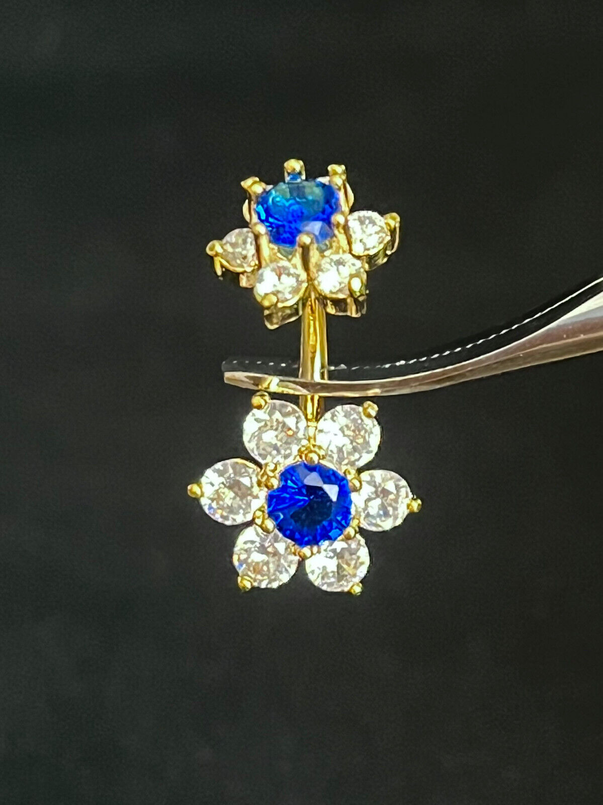 1pc Double 7 Gem Flower Internally Threaded Belly Ring Steel Navel Naval (Color: Gold/Clear/Blue)