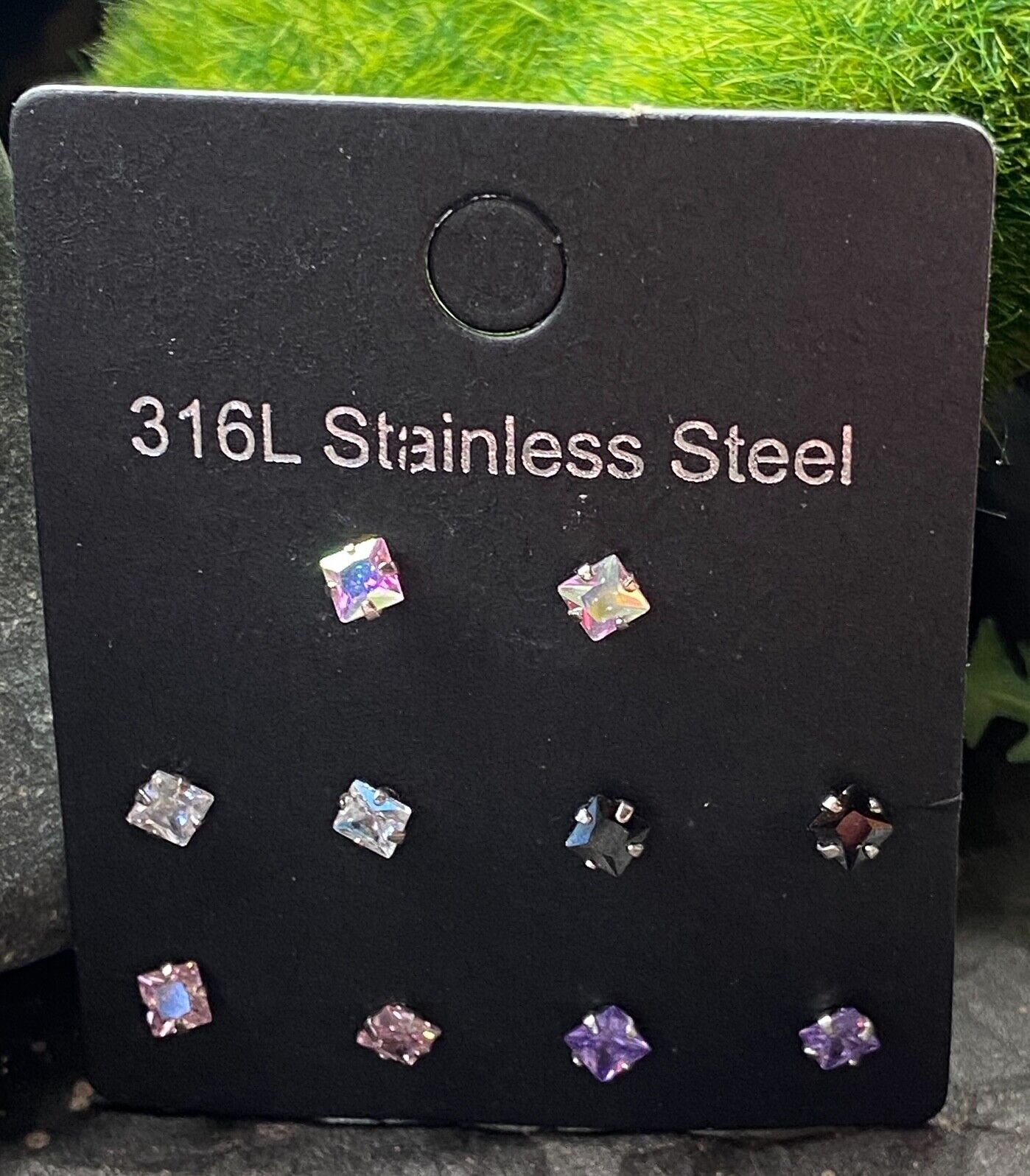 5 PAIRS Square CZ Gem Stud Earrings 316L Steel retail / display peggable card