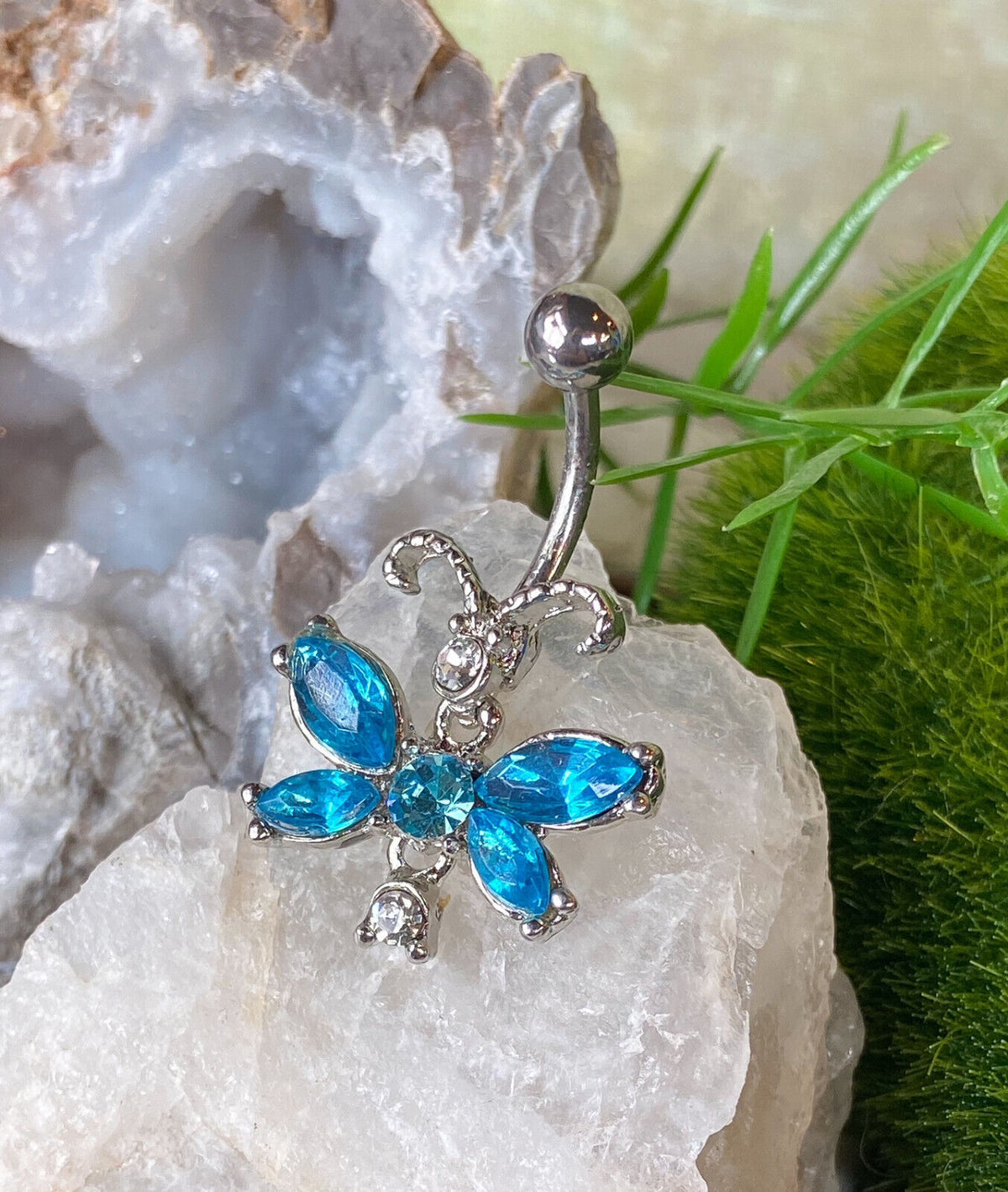 1pc Unique Butterfly CZ Gem Belly Ring Navel Piercing Pierced Naval Body Jewelry (Color: Aqua)
