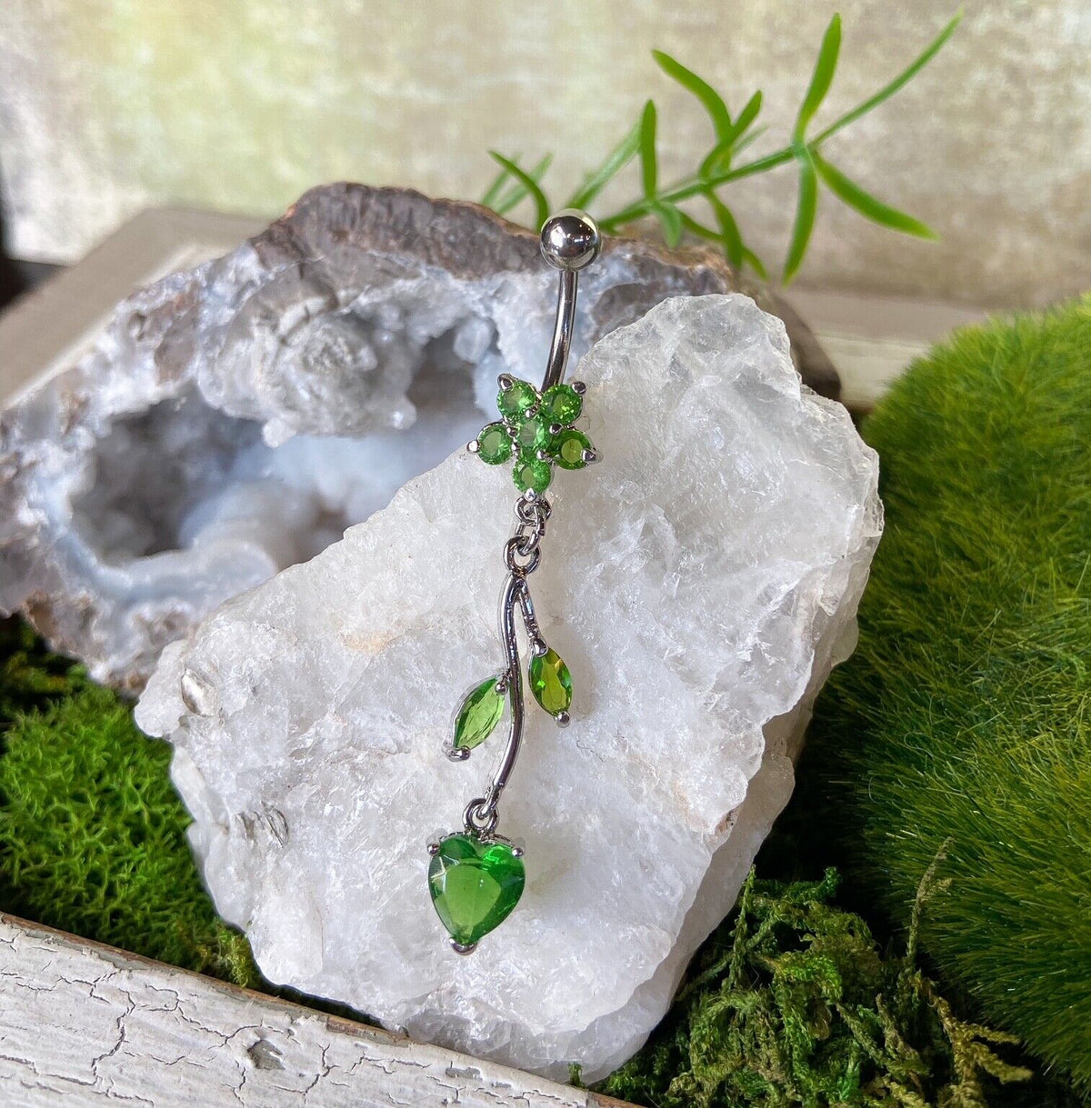 1pc Flower Vine Heart CZ Gems Belly Ring Navel Piercing Pierced Naval Jewelry (Color: Green)