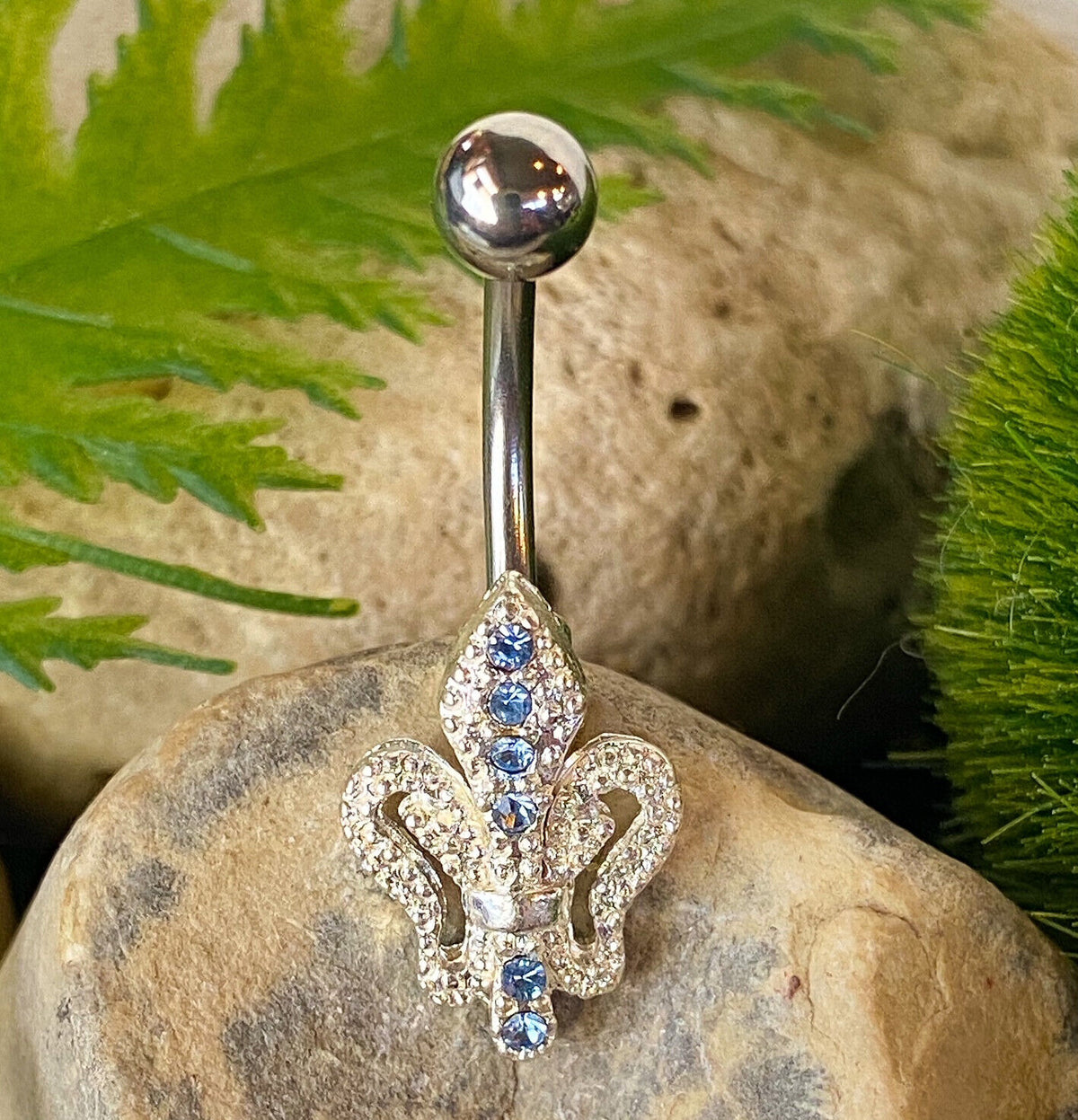 Fleur Paved W/ Blue & Clear Gems Belly Ring Navel Naval Fluer Piercing Pierced