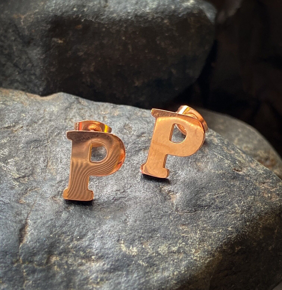 PAIR Rose Gold Plated Steel Initial / Alphabet 20g Earrings - A to Z available! (Letter: P)
