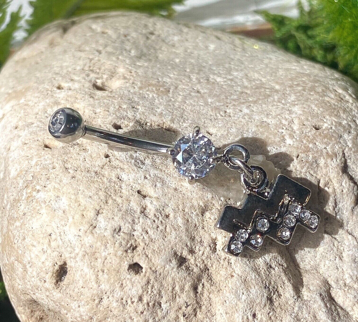 Zodiac Sign Paved CZ Gem Belly Ring Pierced Navel Astrology 14g Surgical Steel  (Sign: Aquarius)