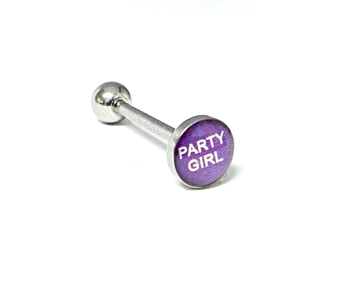 1pc Dome Logo Tongue Ring - choose from Adult Sayings, Sex, Bad Words +more! (Logo Style: Party Girl)