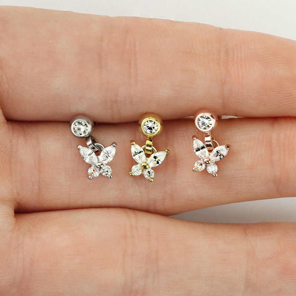 1pc CZ Gem Butterfly Dangle Surgical Steel Tragus Cartilage Barbell Ring 16g 1/4
