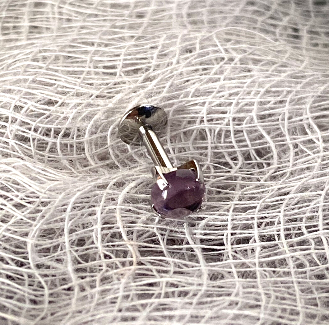 1pc Semi-Precious Stone Set 16g Internally Threaded Labret Stud Cartilage Ring (Stone Top: Amethyst)