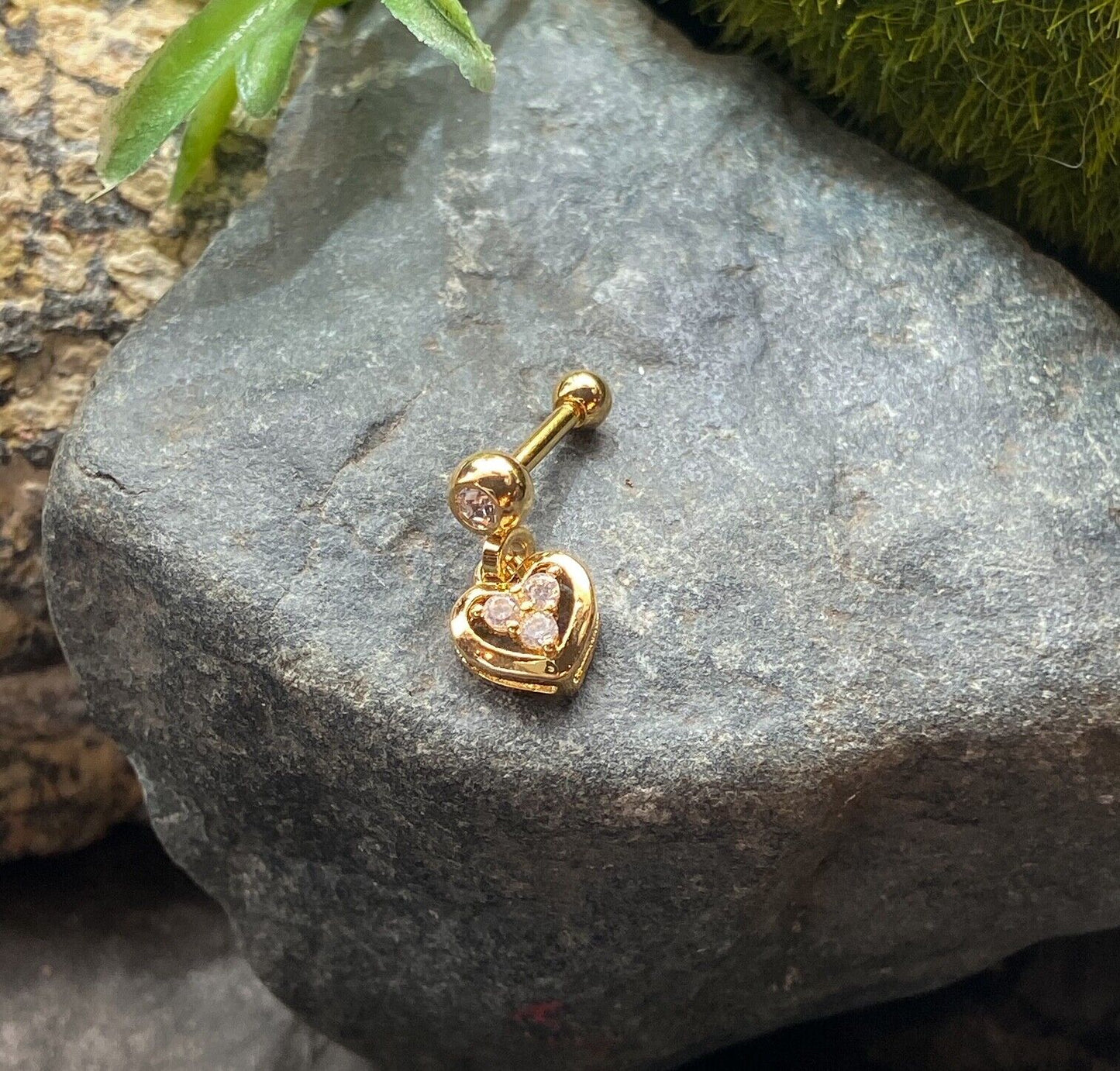 1pc CZ Gem Heart Dangle Tragus Helix Cartilage Barbell Ring 16g 1/4" (Color: Gold)