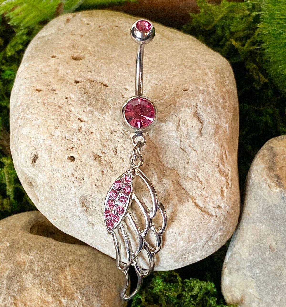 Angel Wing Belly Ring Paved CZ Gems Pierced Navel Piercing Pierced Naval Jewelry (Color: Pink)