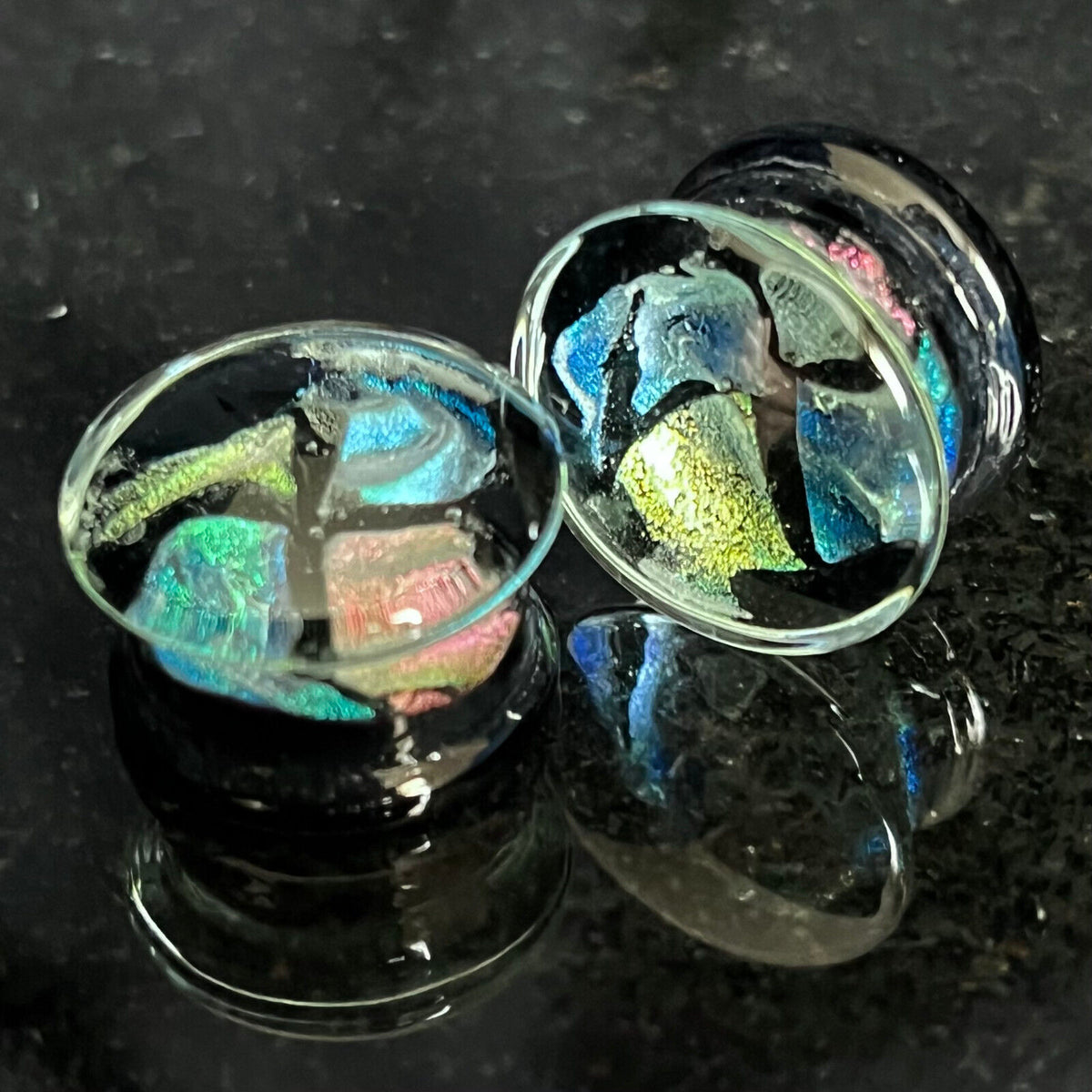 PAIR Patchwork Foil Quarters Glass Double Flare Plugs Tunnels Gauges