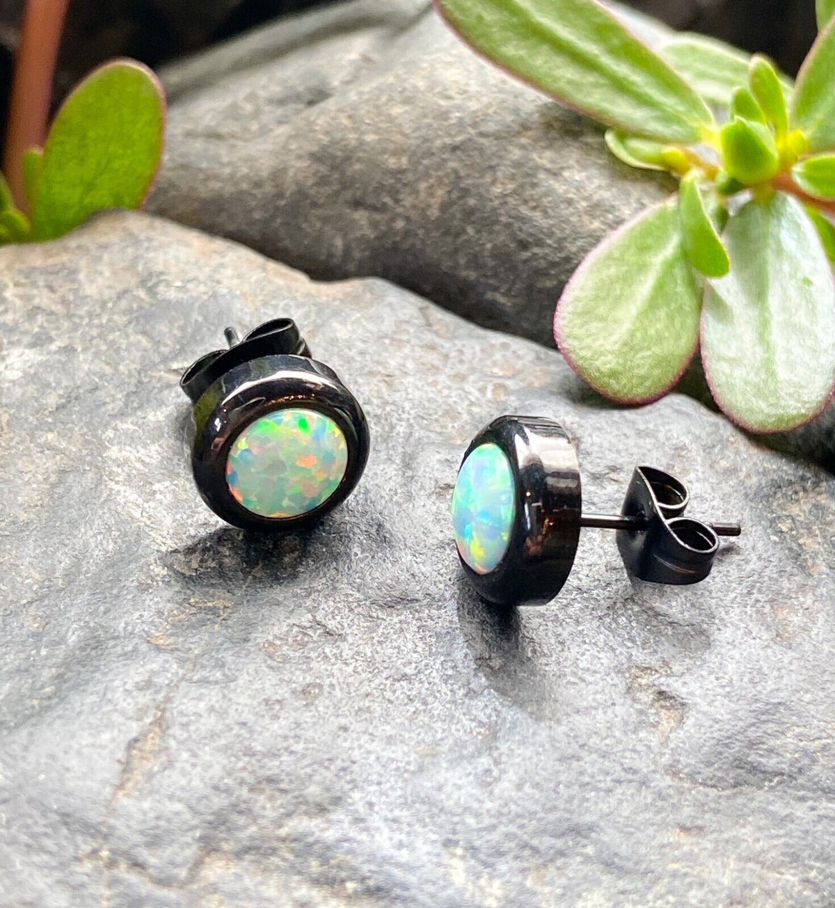 PAIR Large 6mm White Opal in 9mm Bezel Setting 316L Surgical Steel Earrings (Color: Black)