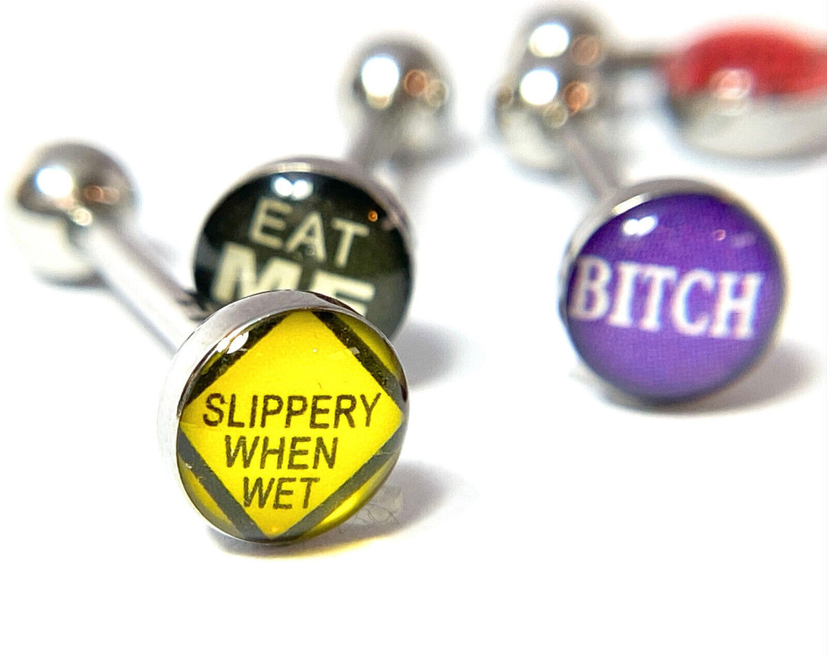 4pc Value Pack Epoxy Dome Bad Word Tongue Rings 14g Tounge Body Jewelry Lot