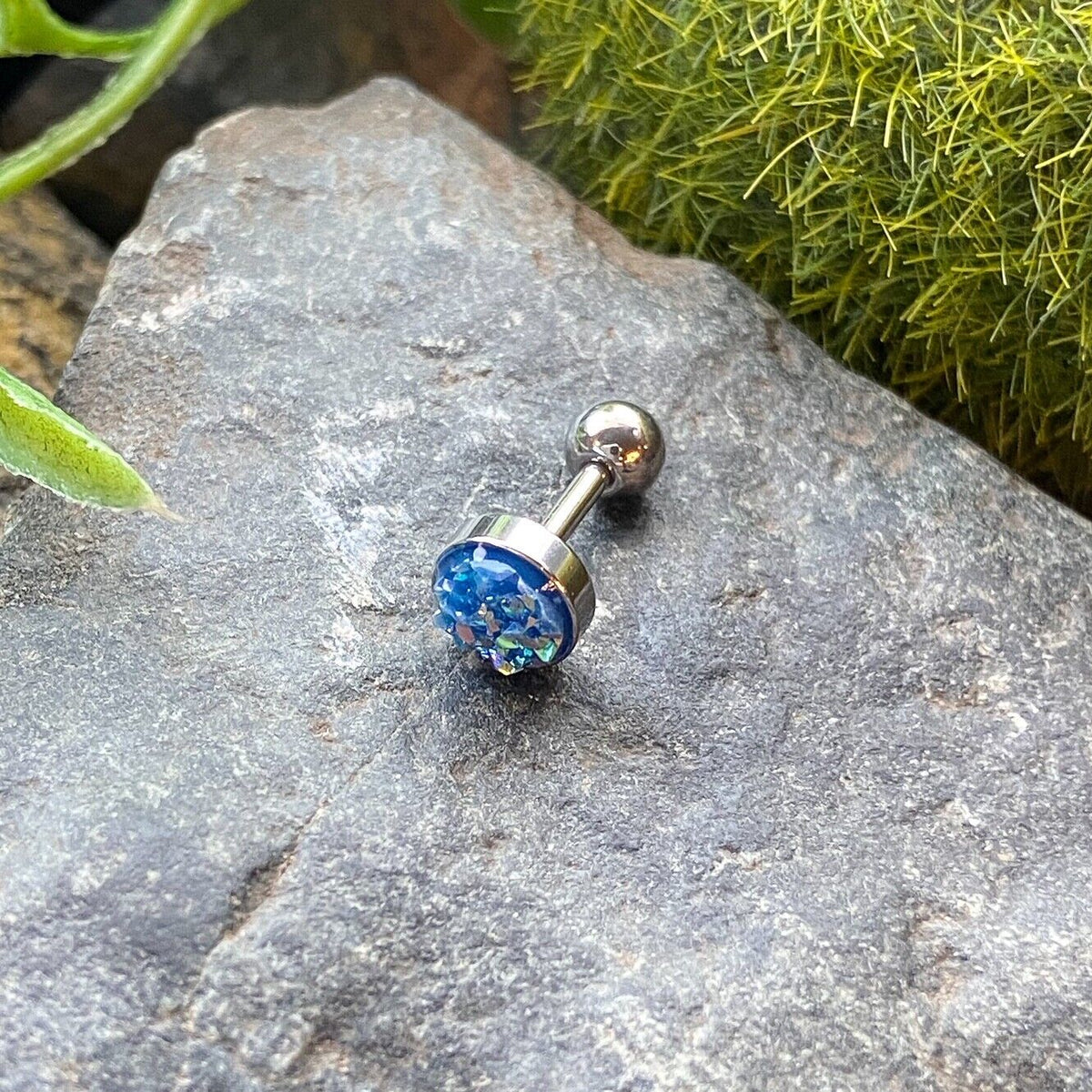 1pc Iridescent Druzy Stone Surgical Steel 16g Tragus Stud Ear Cartilage Ring (Color: Blue)