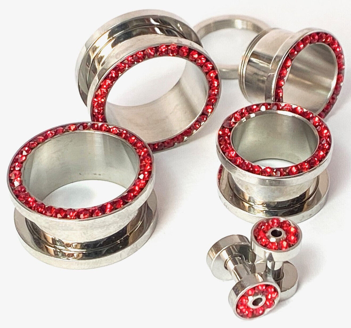 PAIR Red CZ Gem Rimmed 316L Surgical Steel Screw Fit Tunnels Plugs Gauges