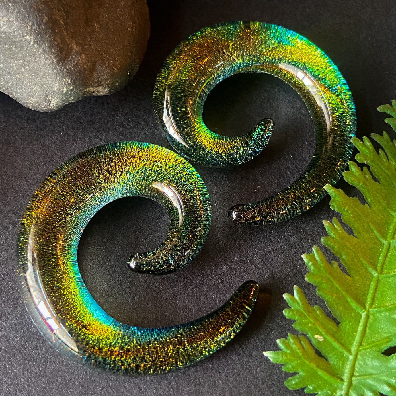 PAIR Green Glitter Foil Glass Spiral Tapers Expanders Plugs Gauges Body Jewelry