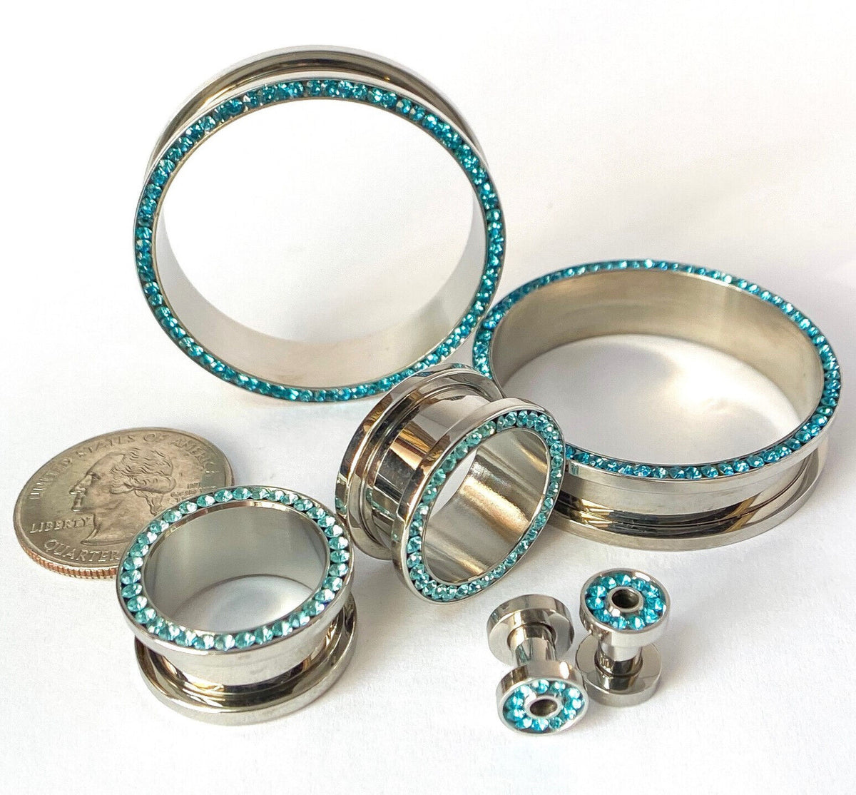 PAIR Aqua CZ Gem Rimmed 316L Surgical Steel Screw Fit Tunnel Plug Gauges