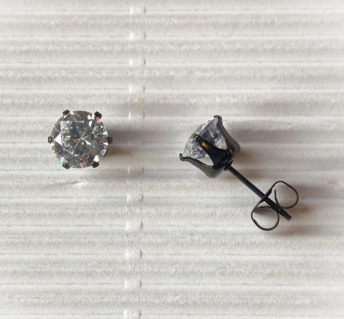 PAIR Black Ion Plated Stud Earrings Prong Set Round Clear Gem 316L Steel
