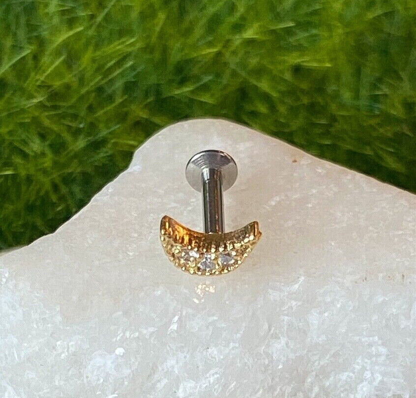 1pc CZ Crescent Moon 16g Internally Threaded 1/4" or 5/16" Steel Labret Monroe (Color: Gold)