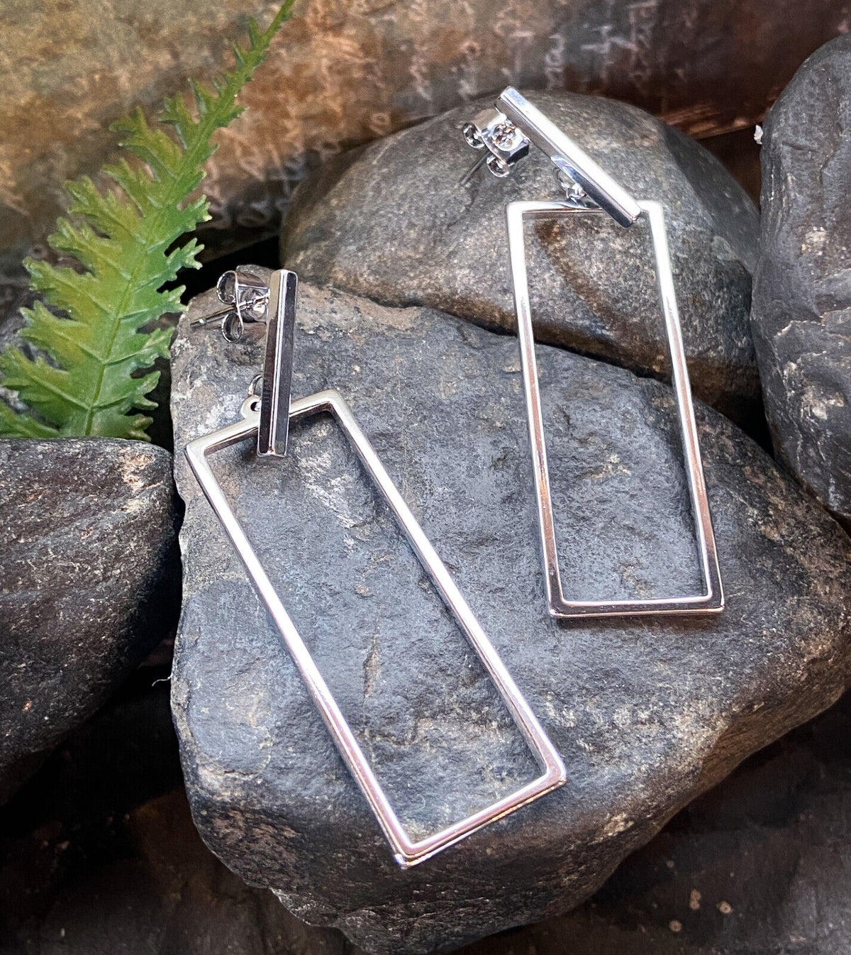 PAIR of Bar & Rectangle Dangle 20g Earrings Studs Stainless Steel (Color: Silver)