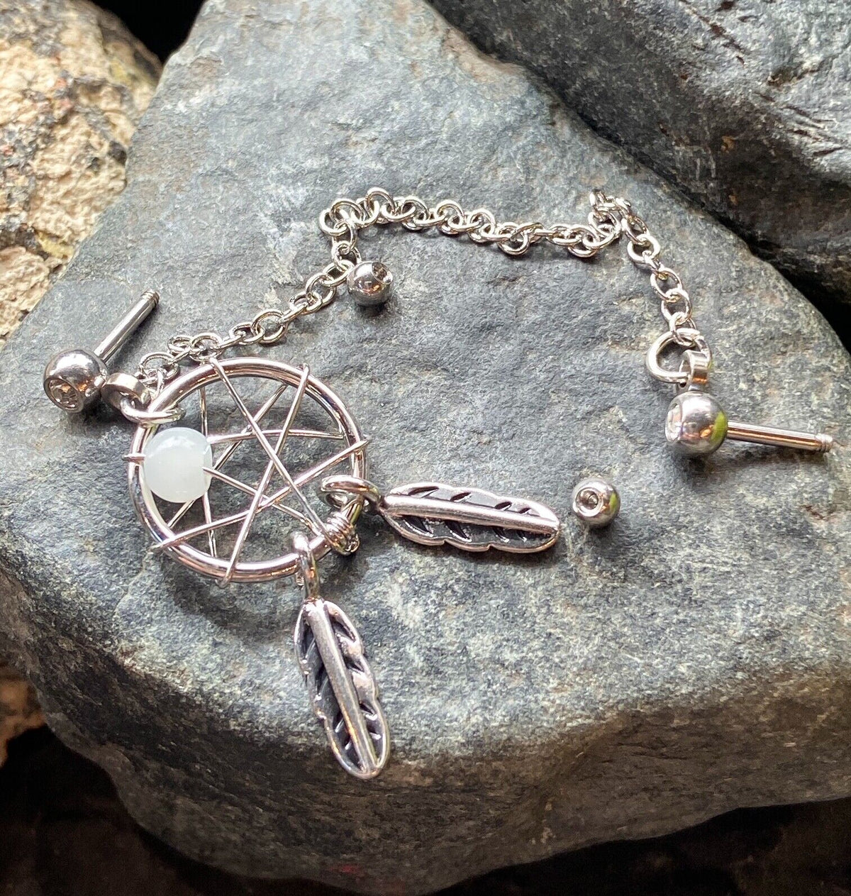Steel Chain Linked Dream Catcher with Cartilage Tragus Helix Gemmed Barbell (Main Color: Clear/White)