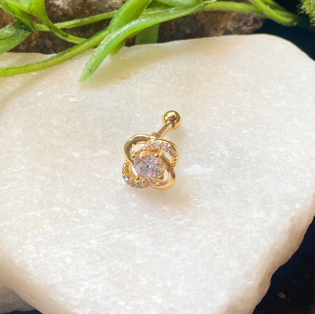 1pc Paved Gem Flower Tragus Cartilage Barbell Stud Body Jewelry Ring 16g 6mm (Color: Gold)