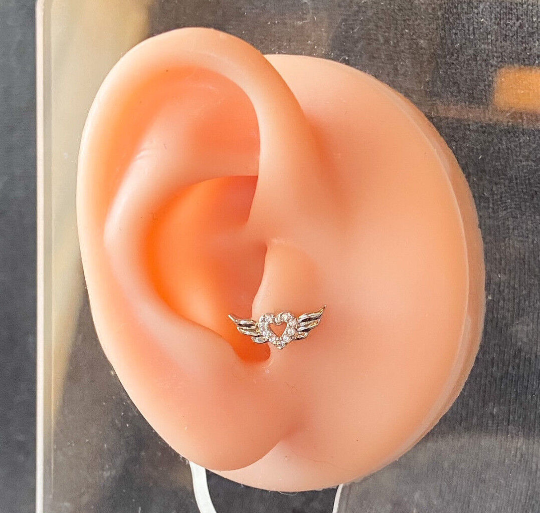 1pc CZ Gem Paved Heart w/ Wings Tragus Helix Cartilage Barbell Ring 16g 1/4"
