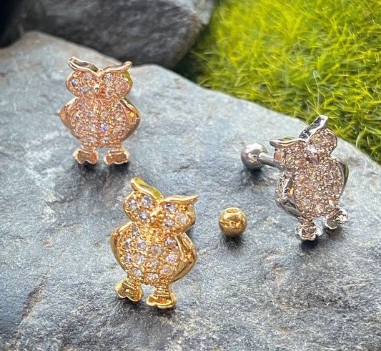 1pc CZ Gem Paved Owl Surgical Steel Tragus Cartilage Barbell Ring 16g 1/4"