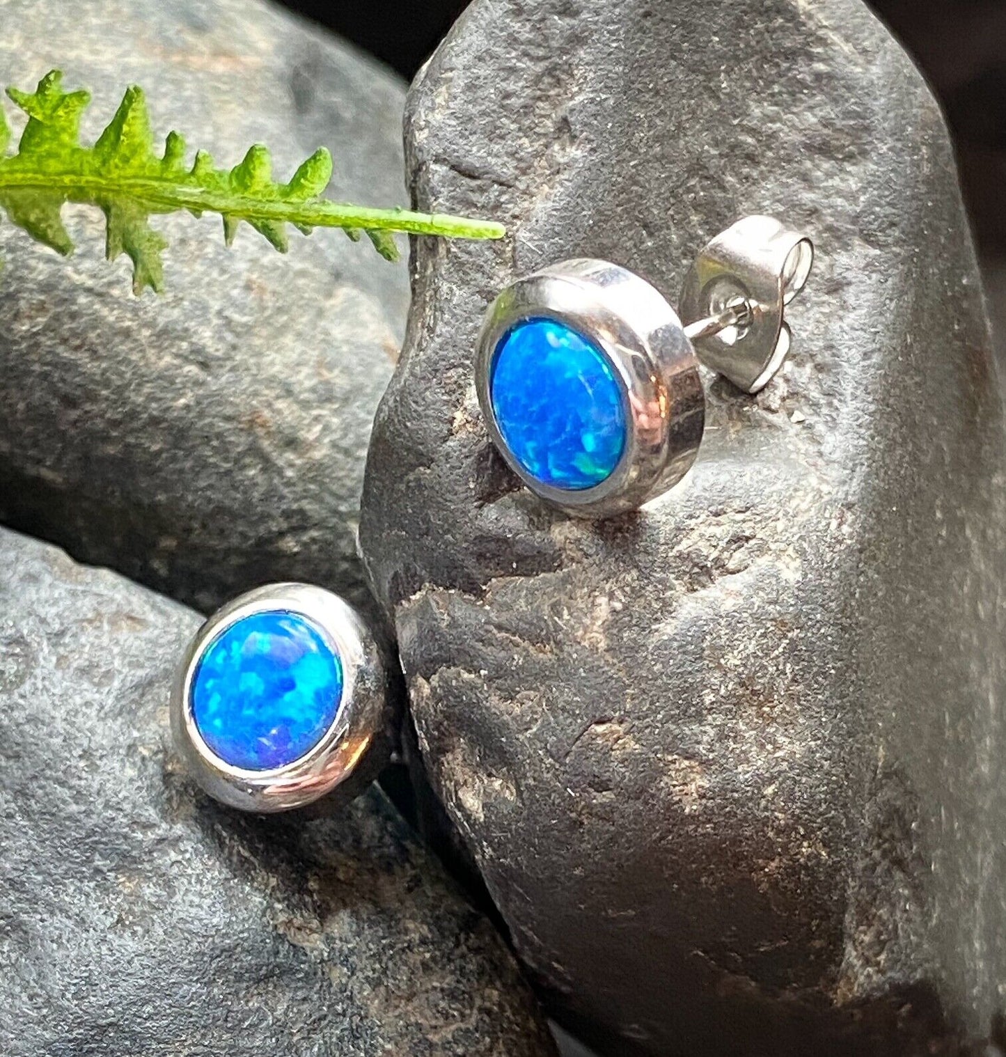 PAIR Large 6mm Opal in 9mm Bezel Setting 316L Stainless Steel Earrings (Color: Blue)