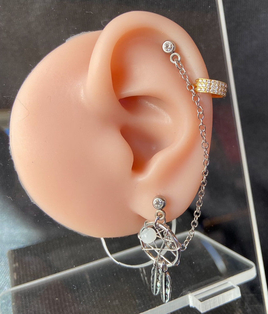 Steel Chain Linked Dream Catcher with Cartilage Tragus Helix Gemmed Barbell
