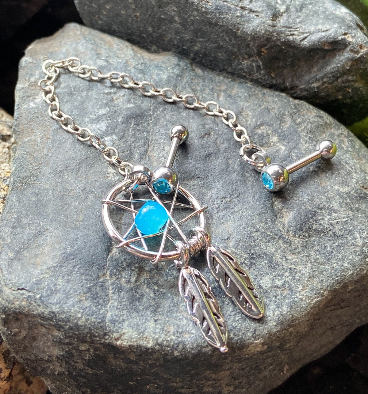 Steel Chain Linked Dream Catcher with Cartilage Tragus Helix Gemmed Barbell (Main Color: Blue)
