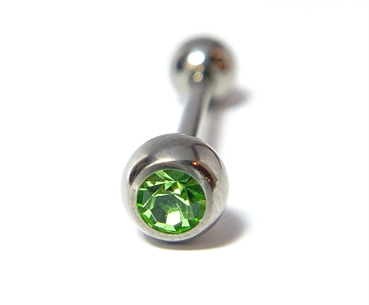 1pc Solid Grade 23 Titanium Barbell 14g, 5/8" (16mm) Tongue Tounge Ring w/Gem (Color: Green)