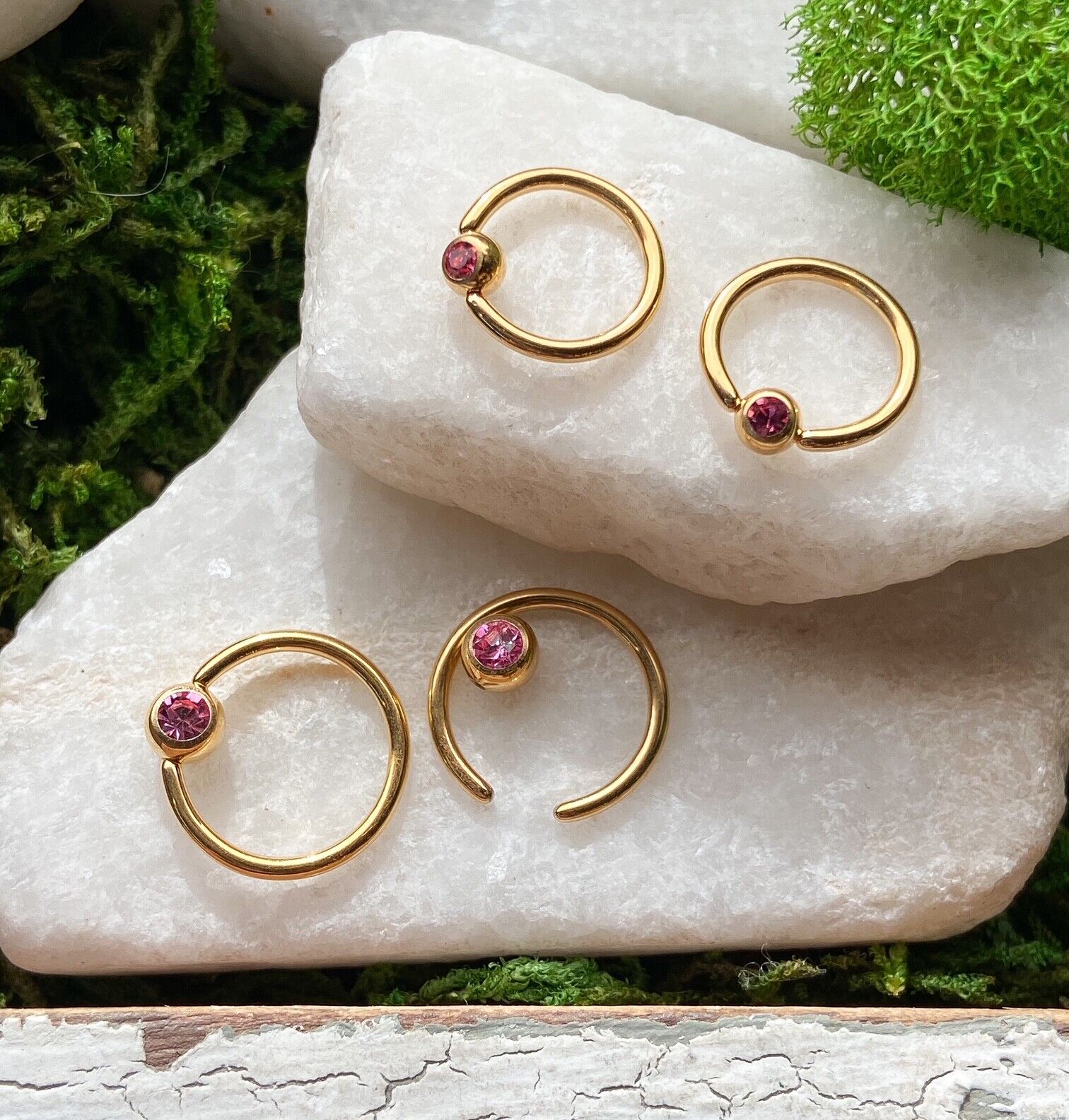 PAIR Gold Plated Gem Captive Bead Rings for Ears, Eyebrow, Septum, Nipples, etc (Gem Color: Pink)