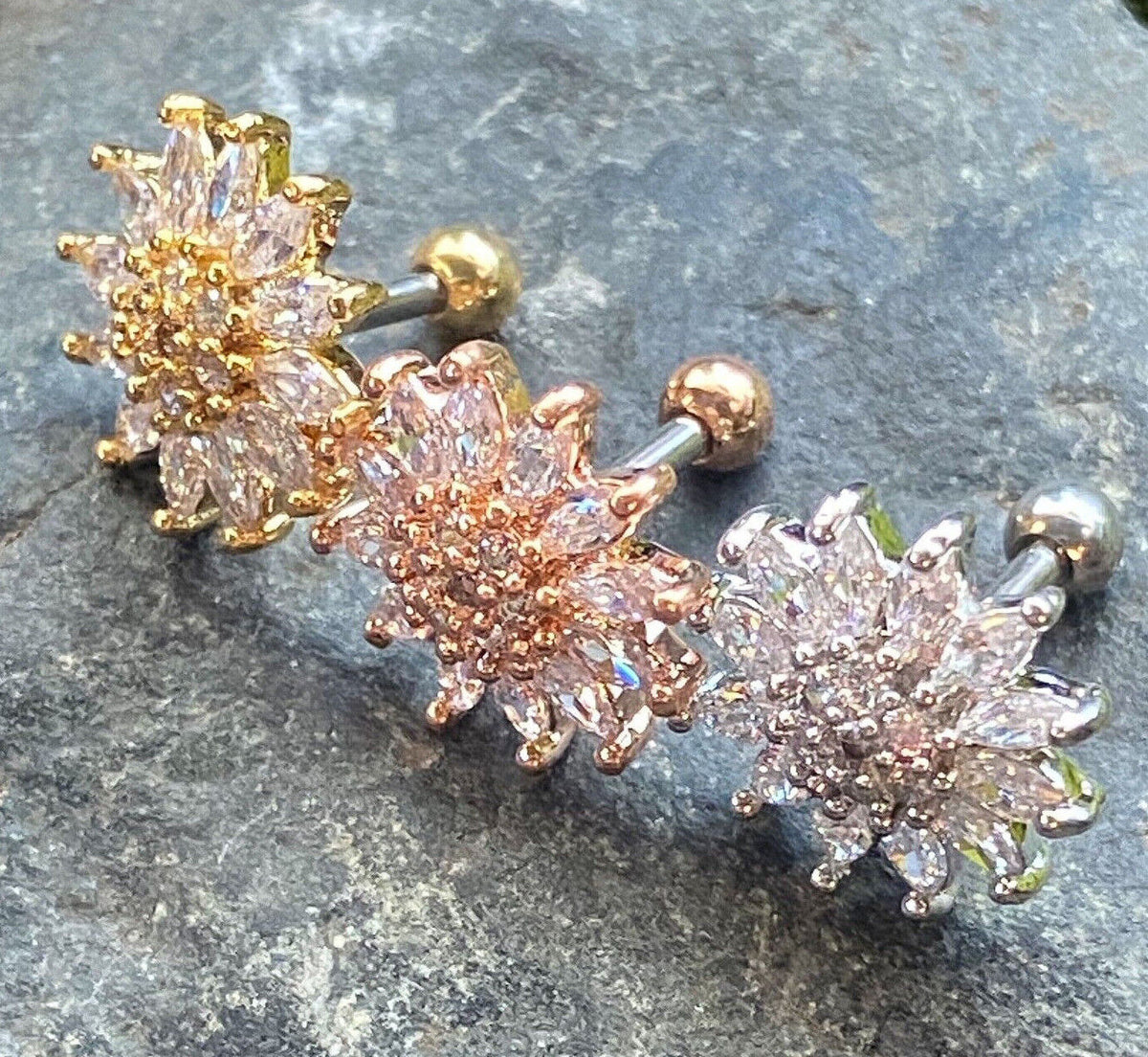 1pc CZ Gem Paved Flower Surgical Steel Tragus Cartilage Barbell Ring 16g 1/4"