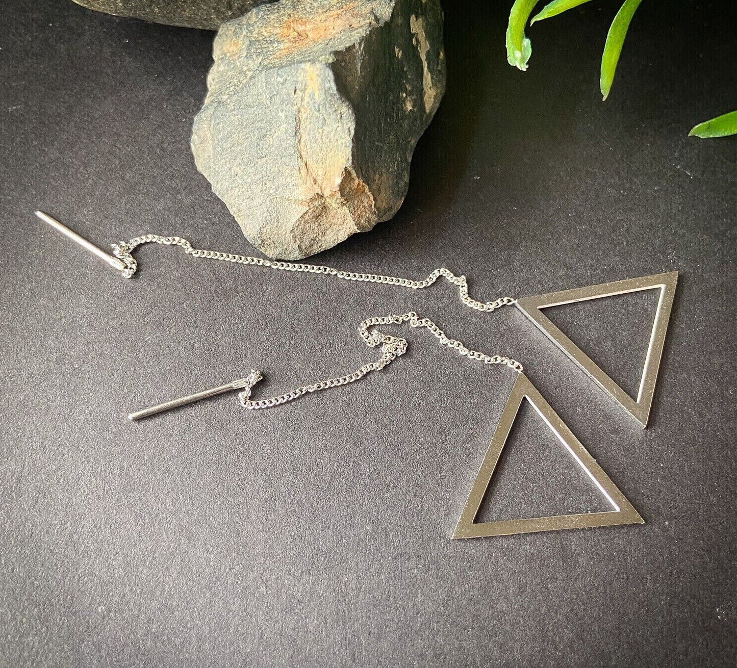 PAIR of Free Falling Chain Earrings w/ Bar & Open Triangle 20g Stainless Steel (Color: Silver)