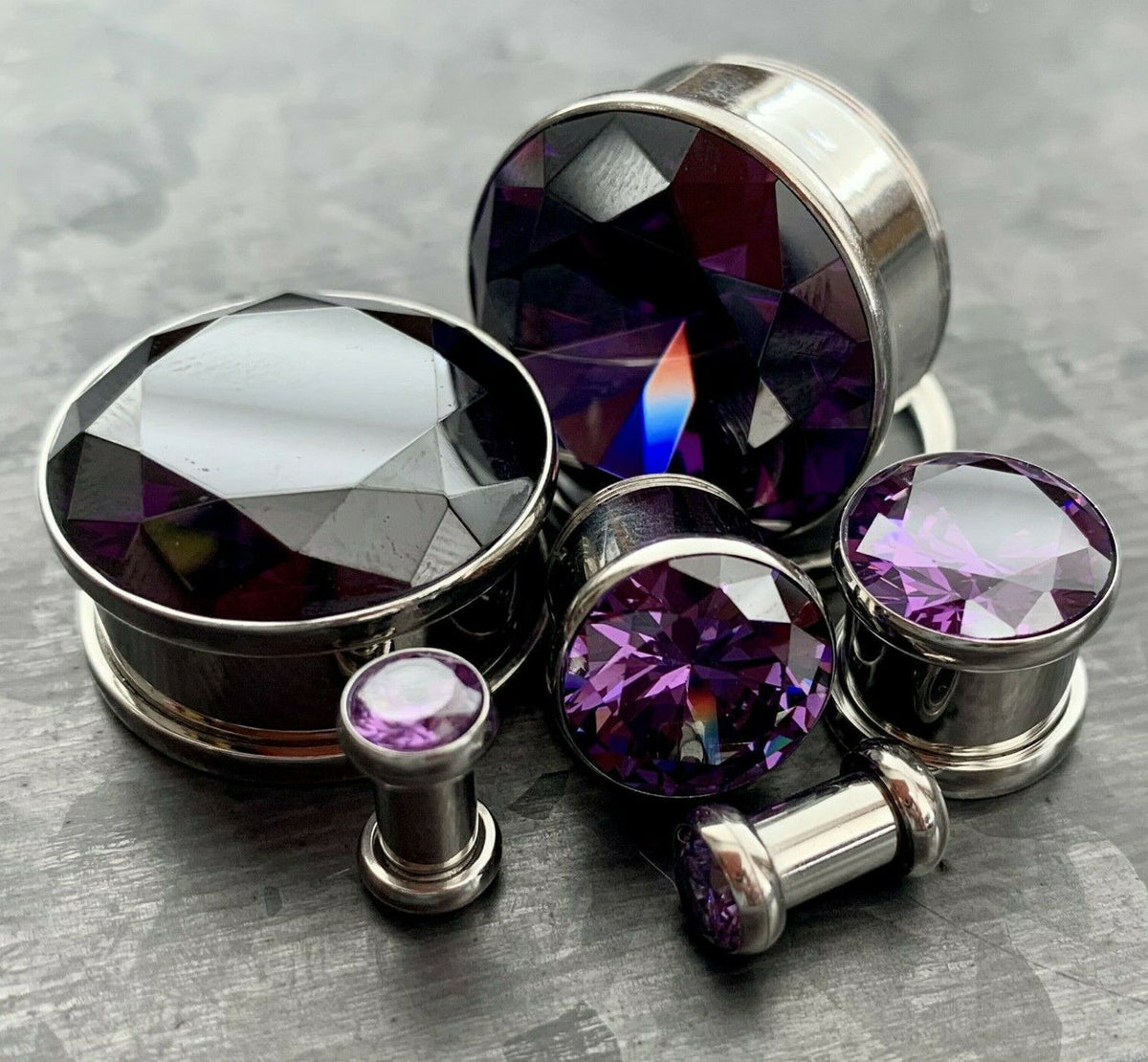 PAIR Large Purple Gem Screw Fit Tunnel Plugs Gauge Pierced Body Jewelry Piercing
