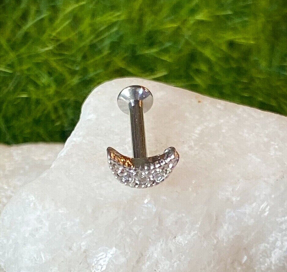 1pc CZ Crescent Moon 16g Internally Threaded 1/4" or 5/16" Steel Labret Monroe (Color: Silver)