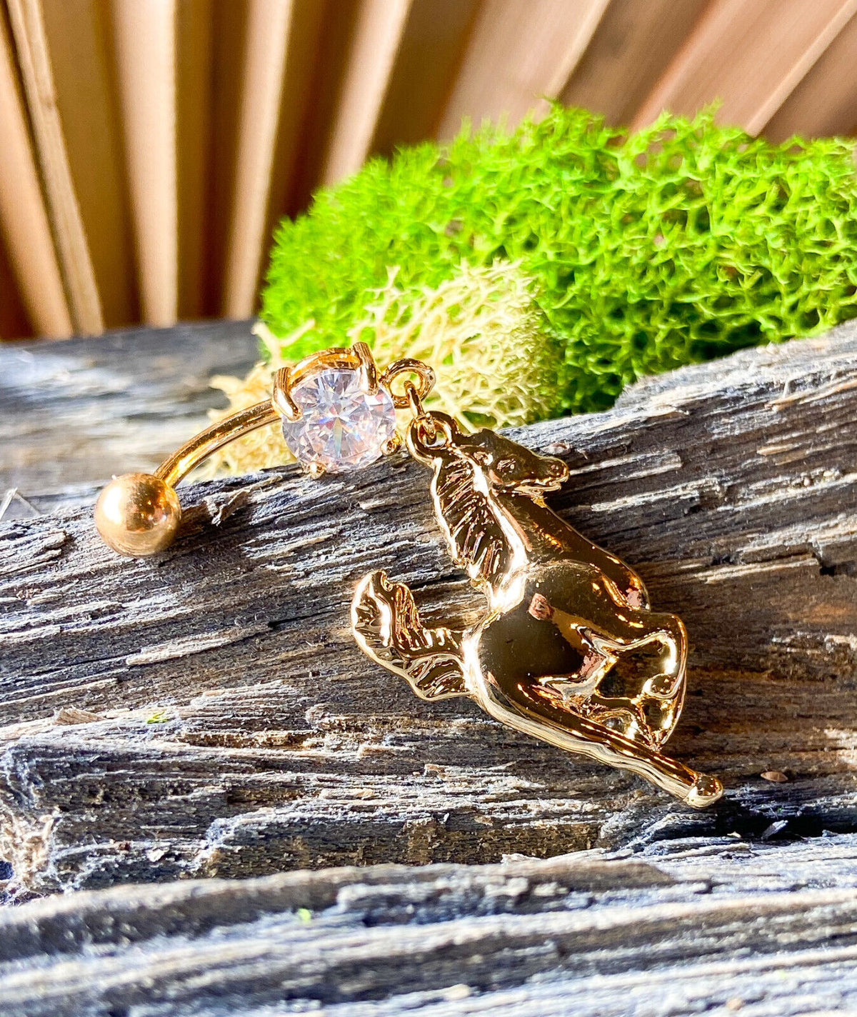 Gold Plated Horse CZ Gem Dangle Belly Ring Navel Piercing Pierced Naval Jewelry