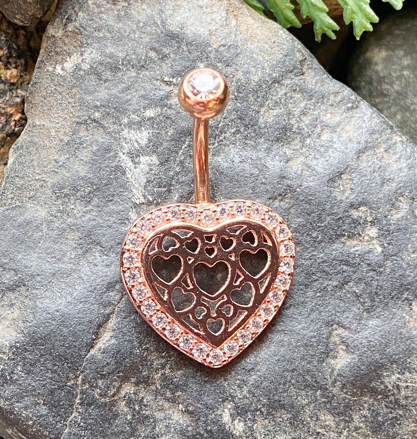 1pc Hollow Heart Pattern Center CZ Gem Belly Button Ring Pierced Navel Naval (Color: Rose Gold)