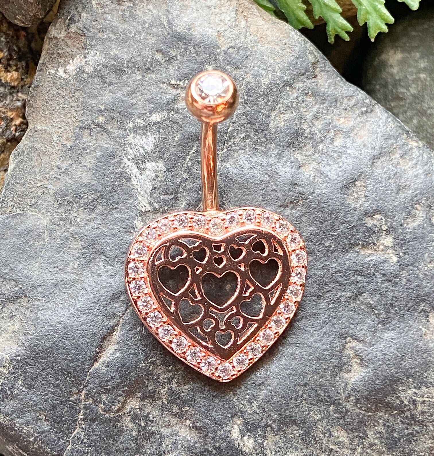 1pc Hollow Heart Pattern Center CZ Gem Belly Button Ring Pierced Navel Naval (Color: Rose Gold)