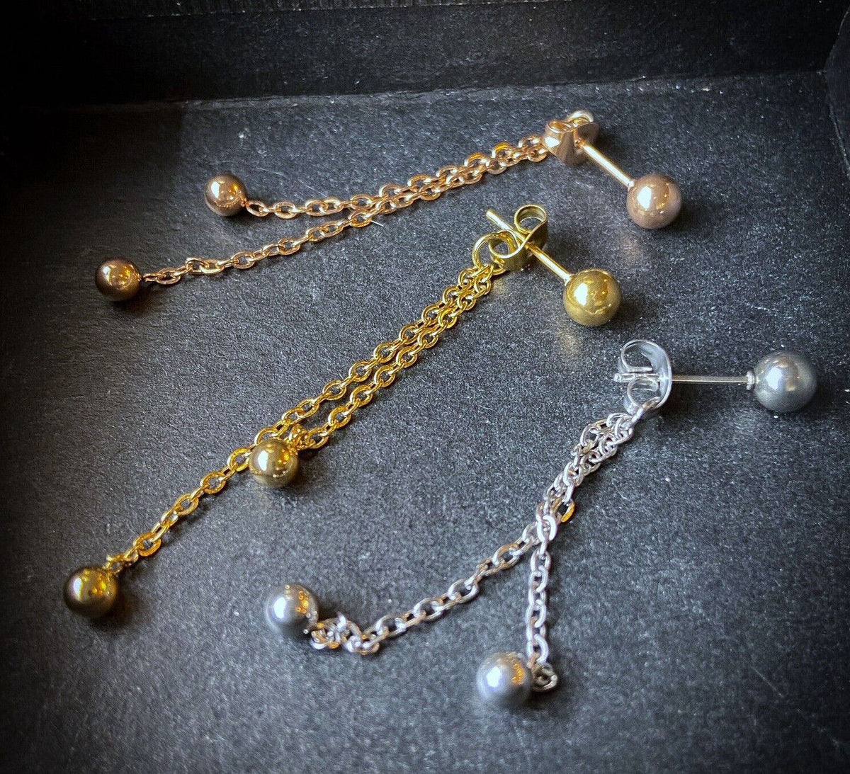 PAIR of Two Chain Free Falling Steel Balls IP Stainless Steel 20g Earrings