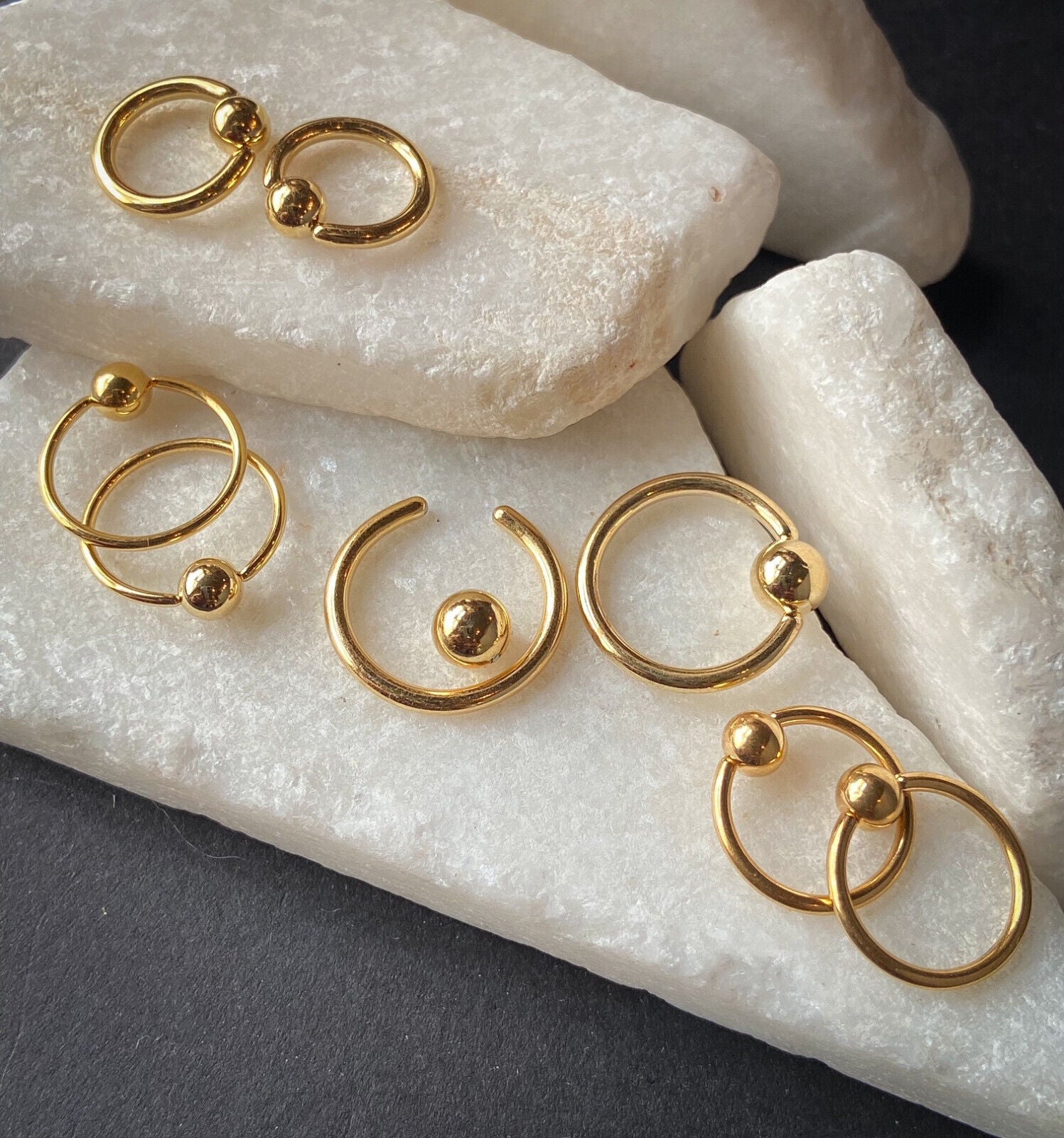 PAIR Gold Captive Bead Rings CBR's Nipple, Septum, Helix, Tragus Piercings