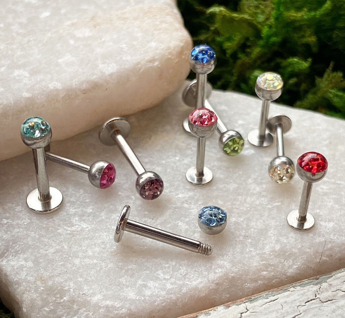 Austrian Crystal Paved Ferido Gem 16G or 14G Steel Labret Monroe Cheek Barbells